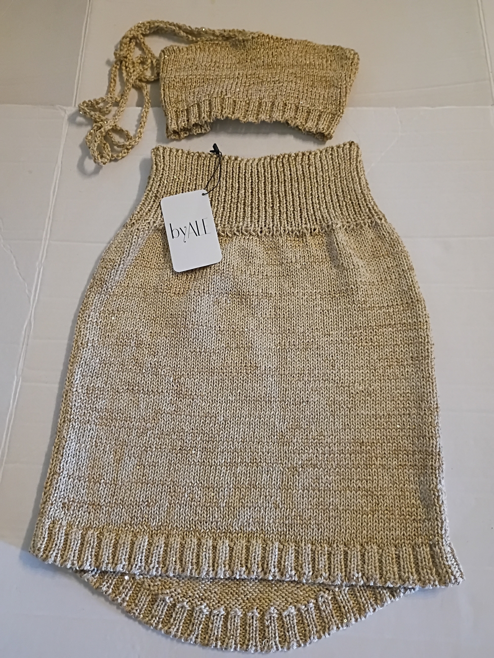 Tan Knit Skirt Set -‎ High Waist Ribbed Mini Skirt & Tube Top Sz Sz S NWT
